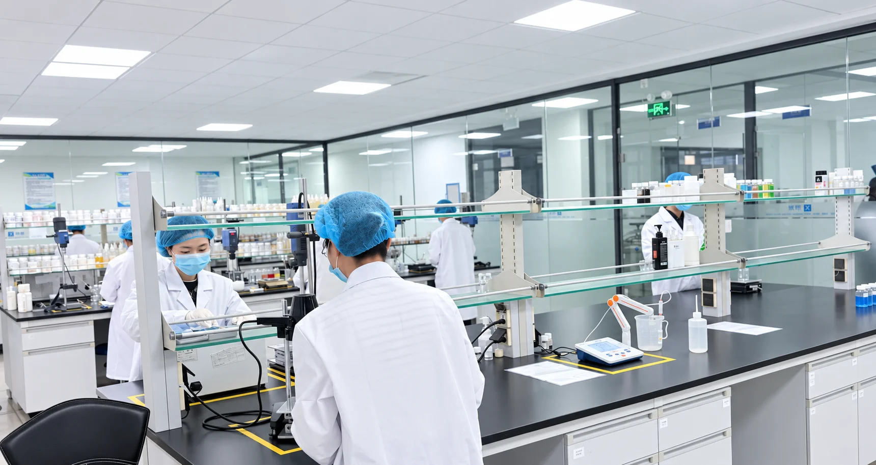 Team of scientists in white lab coats and blue hair covers, conducting experiments and working with laboratory equipment in a modern lab setting.